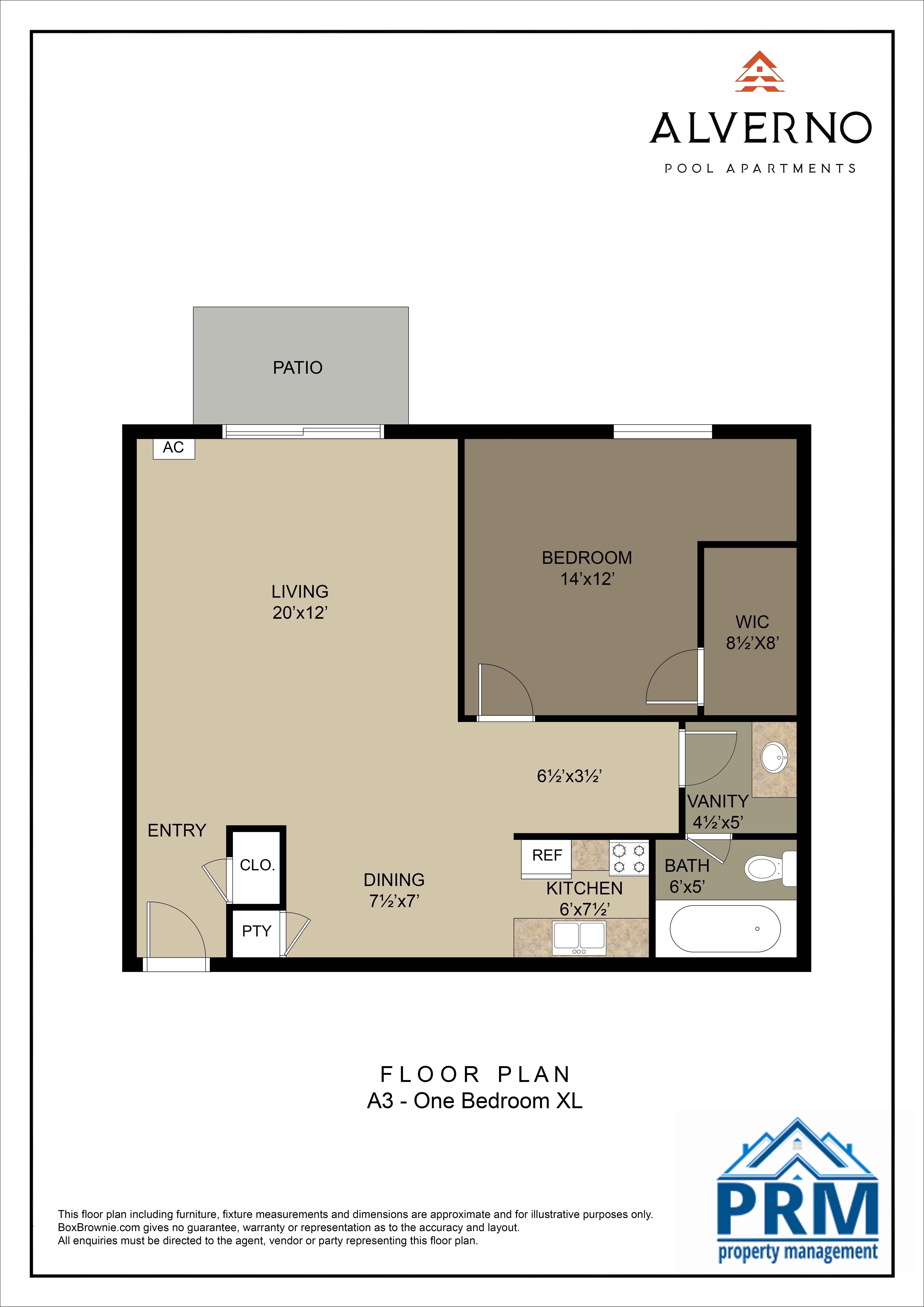 Floor plan for 1 bed, 1 bath, 825 sqft
